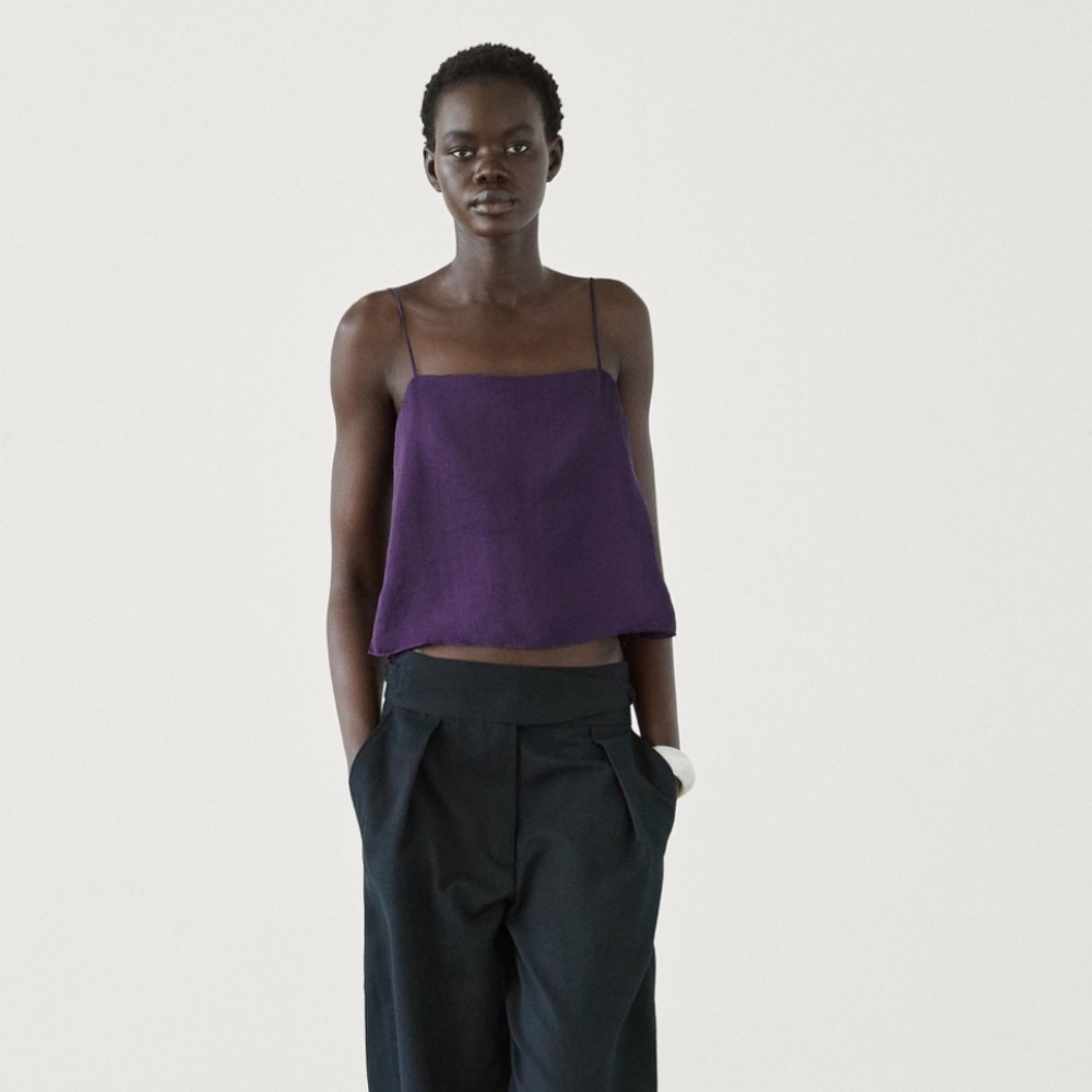 Massimo Dutti Purple Linen Blend Cropped Tank Top